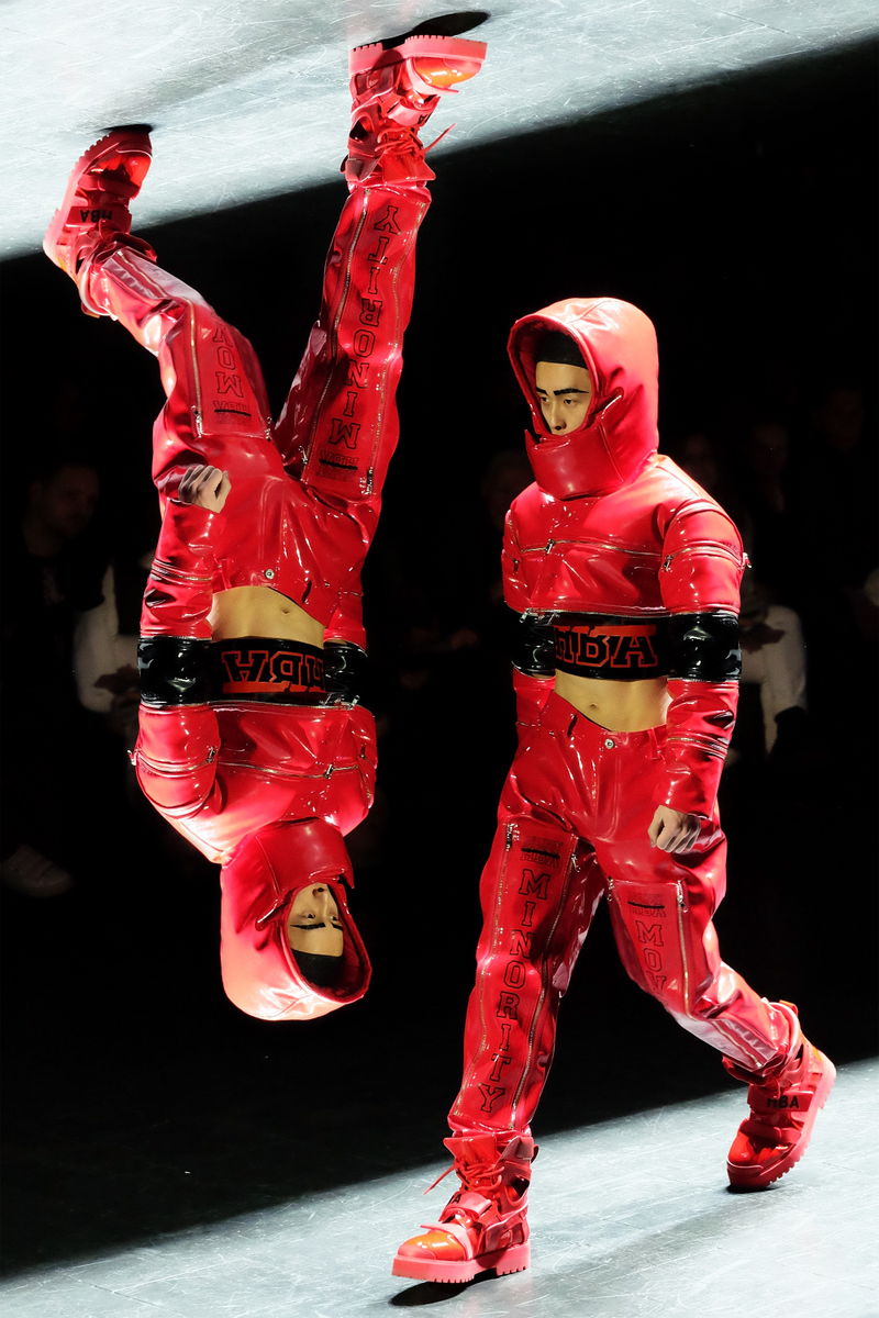 In a trick shot using multiple exposures, a model looks head over heels in Hood by Air, February 2016, New YorkMike Coppola/Getty Images